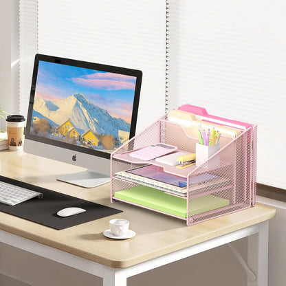 Samstar Desk File Organizer, Mesh Letter File Folder Holder with 3 Paper Trays and 2 Vertical Upright Section, for Office Supplies,Desk Accessories & Workspace,Black.
