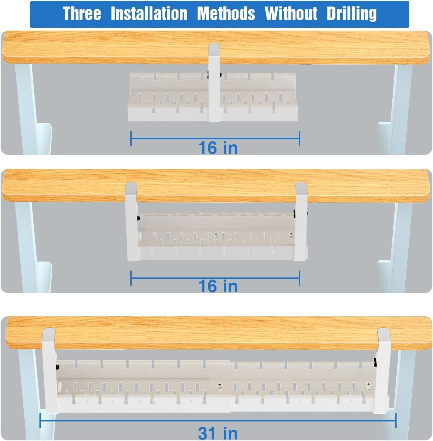 No Drilling Extendable Under Desk Cable Management, Metal Cable Management Tray Under Desk with Clamp, Retractable Power Strip Cord Holder for Wire Management 31Inch(1 Pack Black Extendable 31')