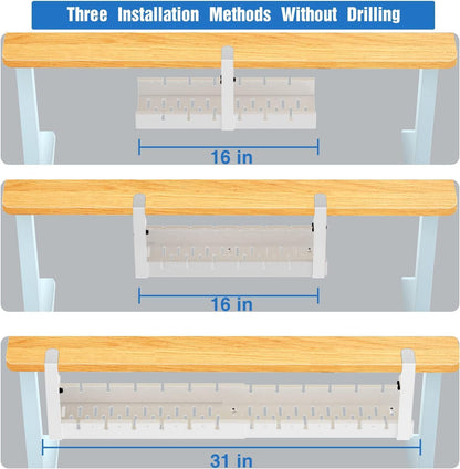 No Drilling Extendable Under Desk Cable Management, Metal Cable Management Tray Under Desk with Clamp, Retractable Power Strip Cord Holder for Wire Management 31Inch(1 Pack Black Extendable 31')