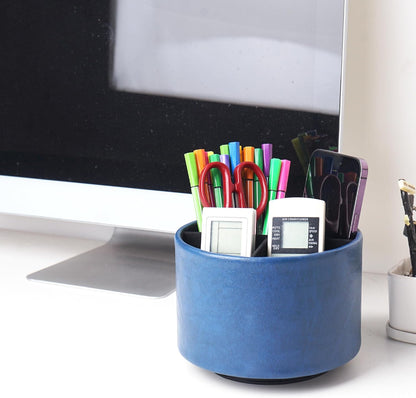 Hennaja Round Leather Art Supply Organizer,Remote Control Holder,360 Degree Rotating,Multi-Functional Pencil Holder,4 Compartments Desktop Stationary Organizer(1-Blue Bird) - Colors B