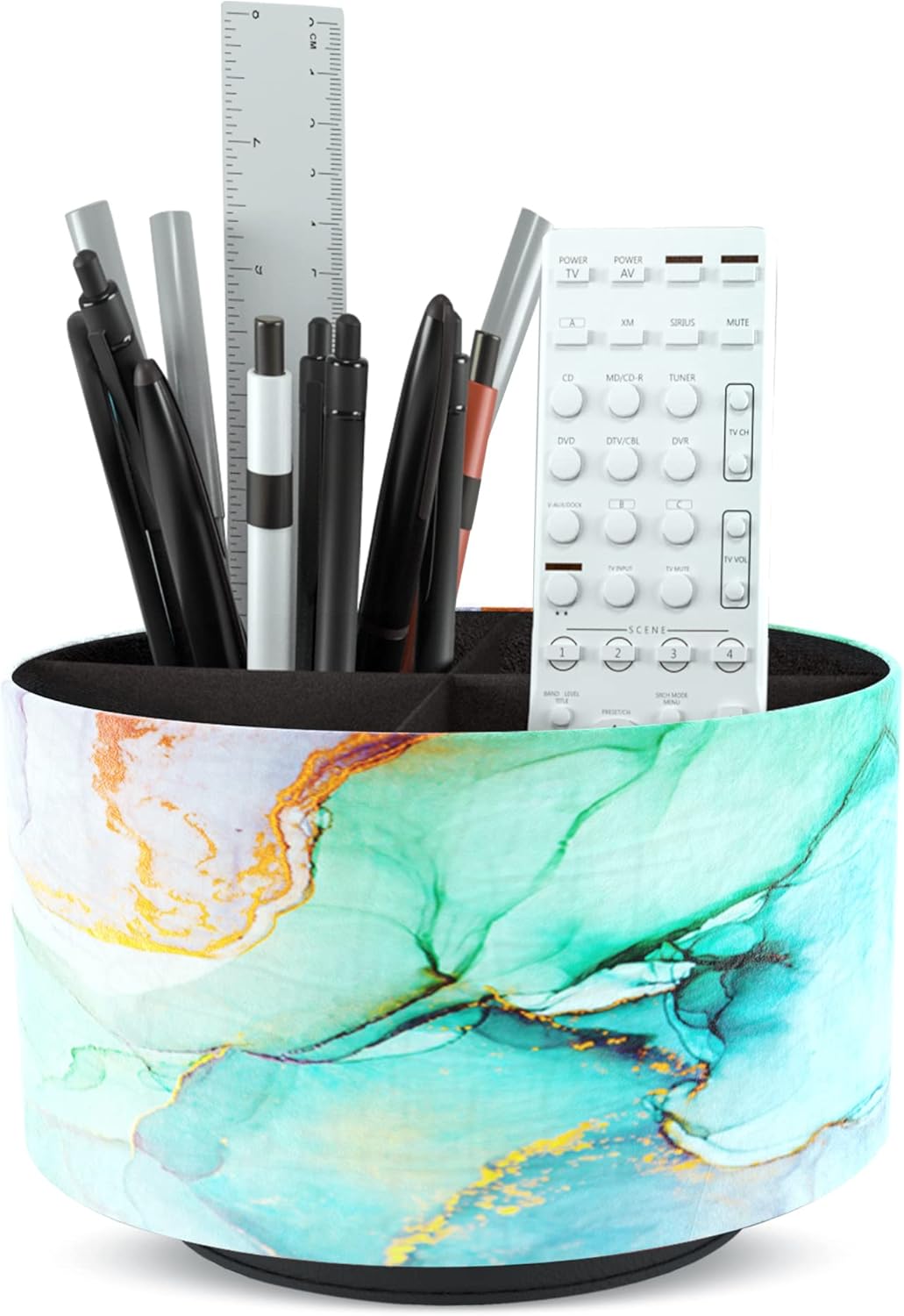 Hennaja Round Leather Art Supply Organizer,Remote Control Holder,360 Degree Rotating,Multi-Functional Pencil Holder,4 Compartments Desktop Stationary Organizer(1-Blue Bird) - Colors B