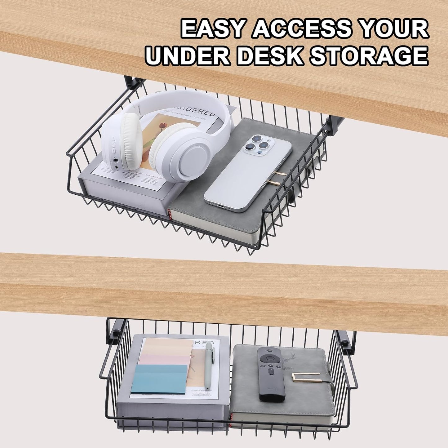 Under Desk Drawer, Slide Out Design,No Drill Metal Under Desk Cable Management, Storage Shelf Tray Basket Under Table Drawer Organizer for Office, Home, Workspace, Cabinet