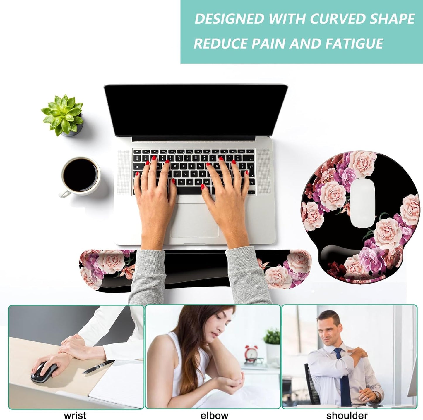 Keyboard Wrist Rest Pad Mouse Pad with Wrist Support Set of 3, Mousepad with Non-Slip Rubber Base, Ergonomic Memory Foam Mouse Wrist Cushion Support for Home Office Laptop Computer, Flower Black