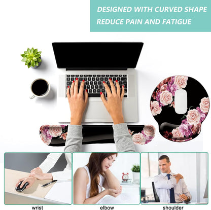 Keyboard Wrist Rest Pad Mouse Pad with Wrist Support Set of 3, Mousepad with Non-Slip Rubber Base, Ergonomic Memory Foam Mouse Wrist Cushion Support for Home Office Laptop Computer, Flower Black