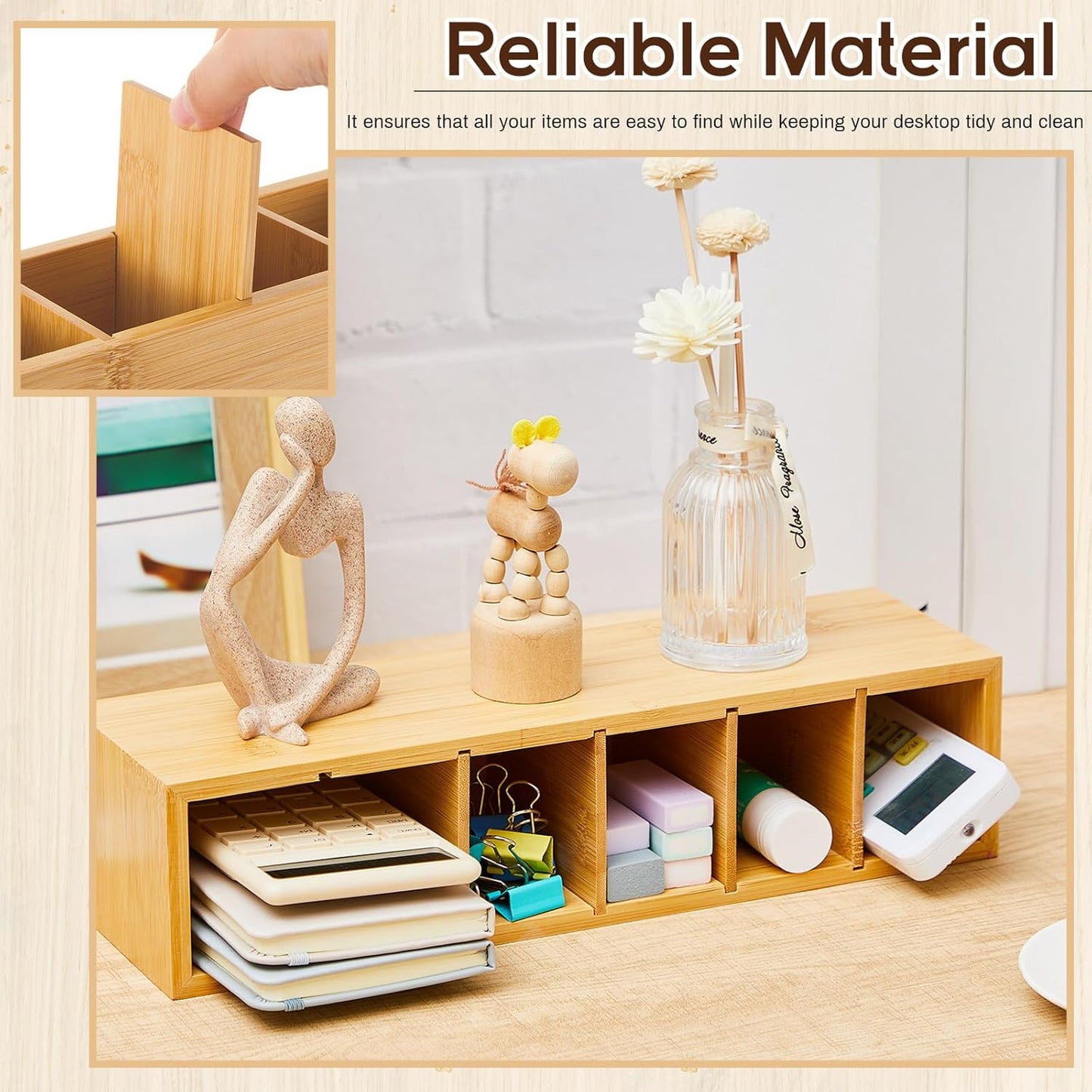 Jetec Wooden Pencil Holder 5 Compartments for Desk Adjustable Pen Holder Wood Office Desk Organizers and Accessories Makeup Brush Organizer for Pen, Home, Office and Art Supplies (White)