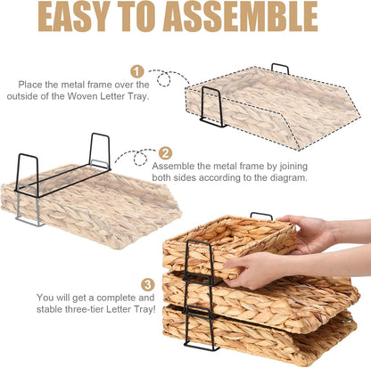 Geelin 3 Pack Water Hyacinth Woven Stackable Desk Organizer Letter Tray, Brown Tabletop Desk Basket for Storage Paper Letter Folders Notebooks Copy Print, Workspace Holder