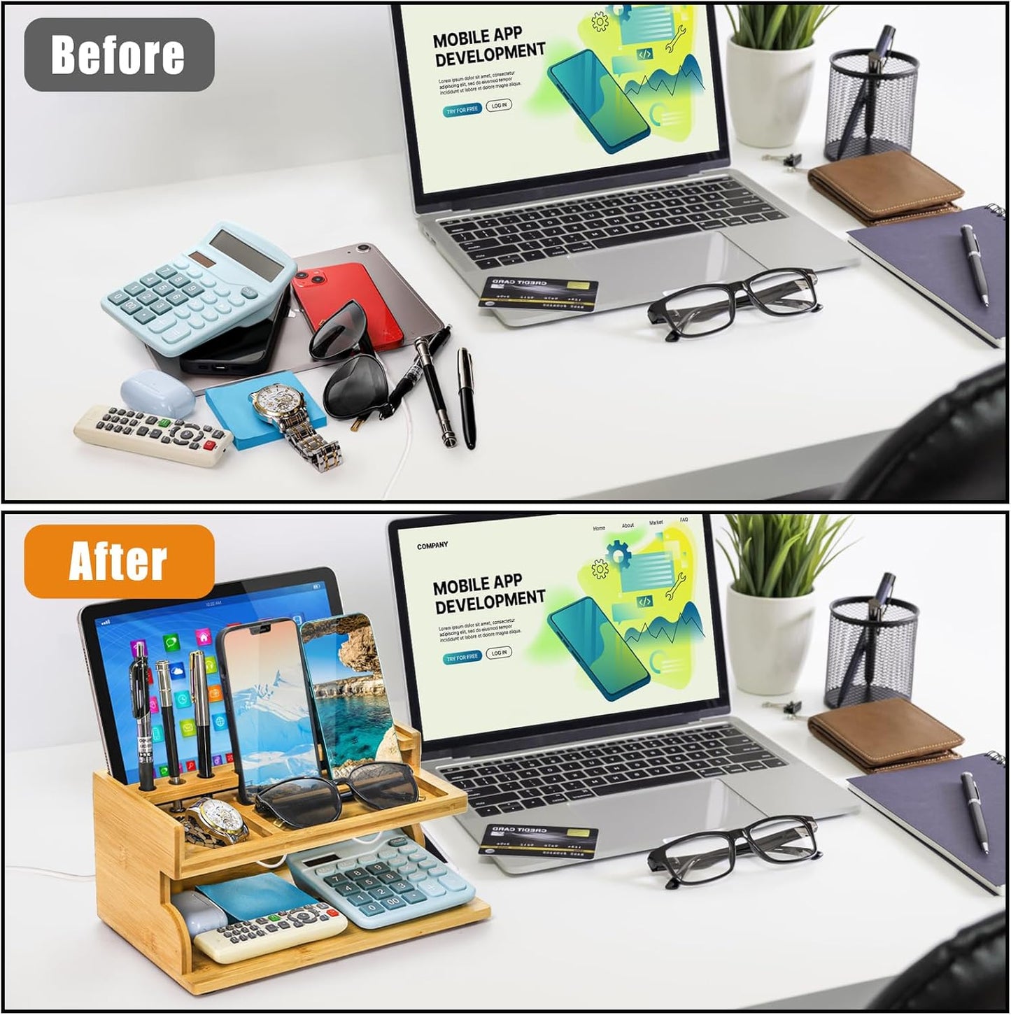 Yopay Nightstand Organizer for Men, Luxury Bamboo Phone Docking Station for Dad Husband, Charging Organizer Cell Phone Stand Tablet Stand for Boyfriend Graduation Office Father's Day