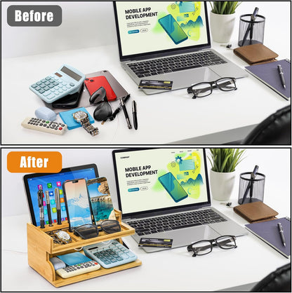 Yopay Nightstand Organizer for Men, Luxury Bamboo Phone Docking Station for Dad Husband, Charging Organizer Cell Phone Stand Tablet Stand for Boyfriend Graduation Office Father's Day