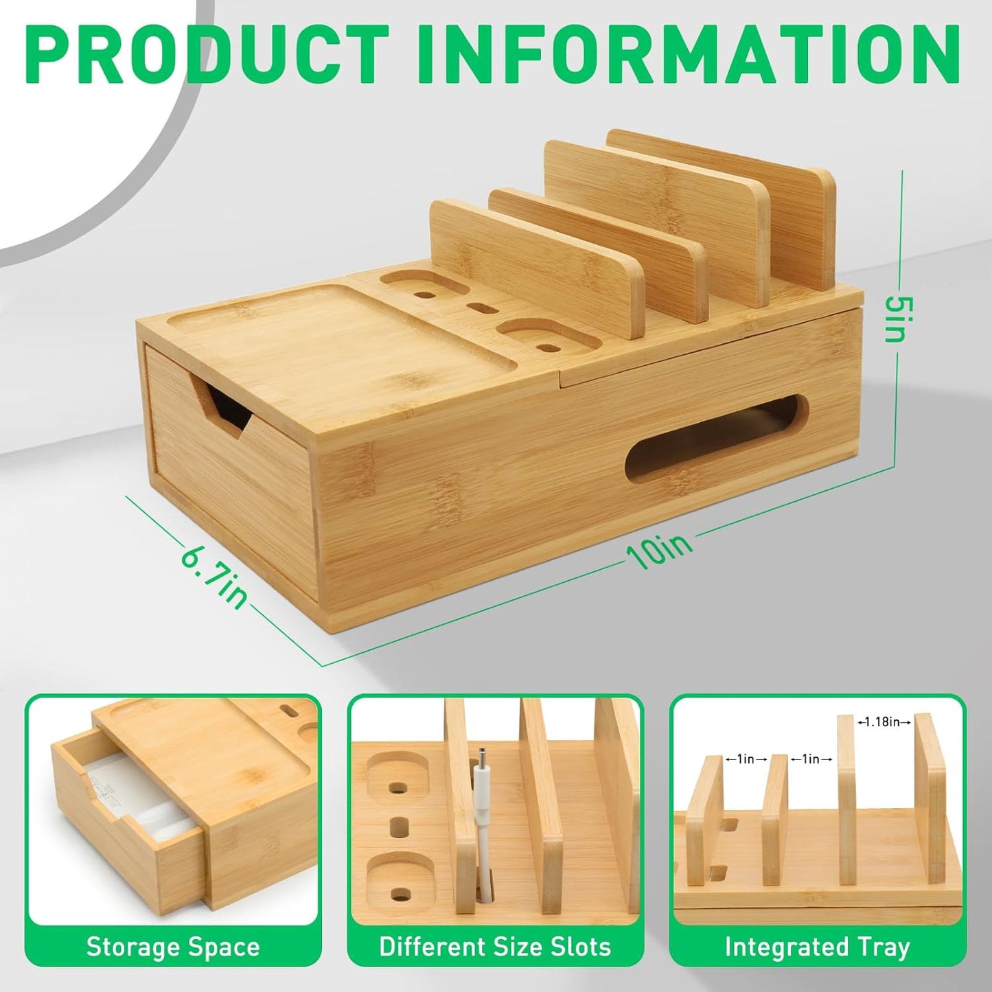 Bamboo Charging Station for Multiple Devices, Desk Charging Organizer with Drawer & Tray, Wood Docking Station for Multi Devices, Cell Phone, Tablet (Included 6 Cables, 5 Port USB Charger)