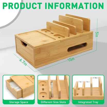 Bamboo Charging Station for Multiple Devices, Desk Charging Organizer with Drawer & Tray, Wood Docking Station for Multi Devices, Cell Phone, Tablet (Included 6 Cables, 5 Port USB Charger)