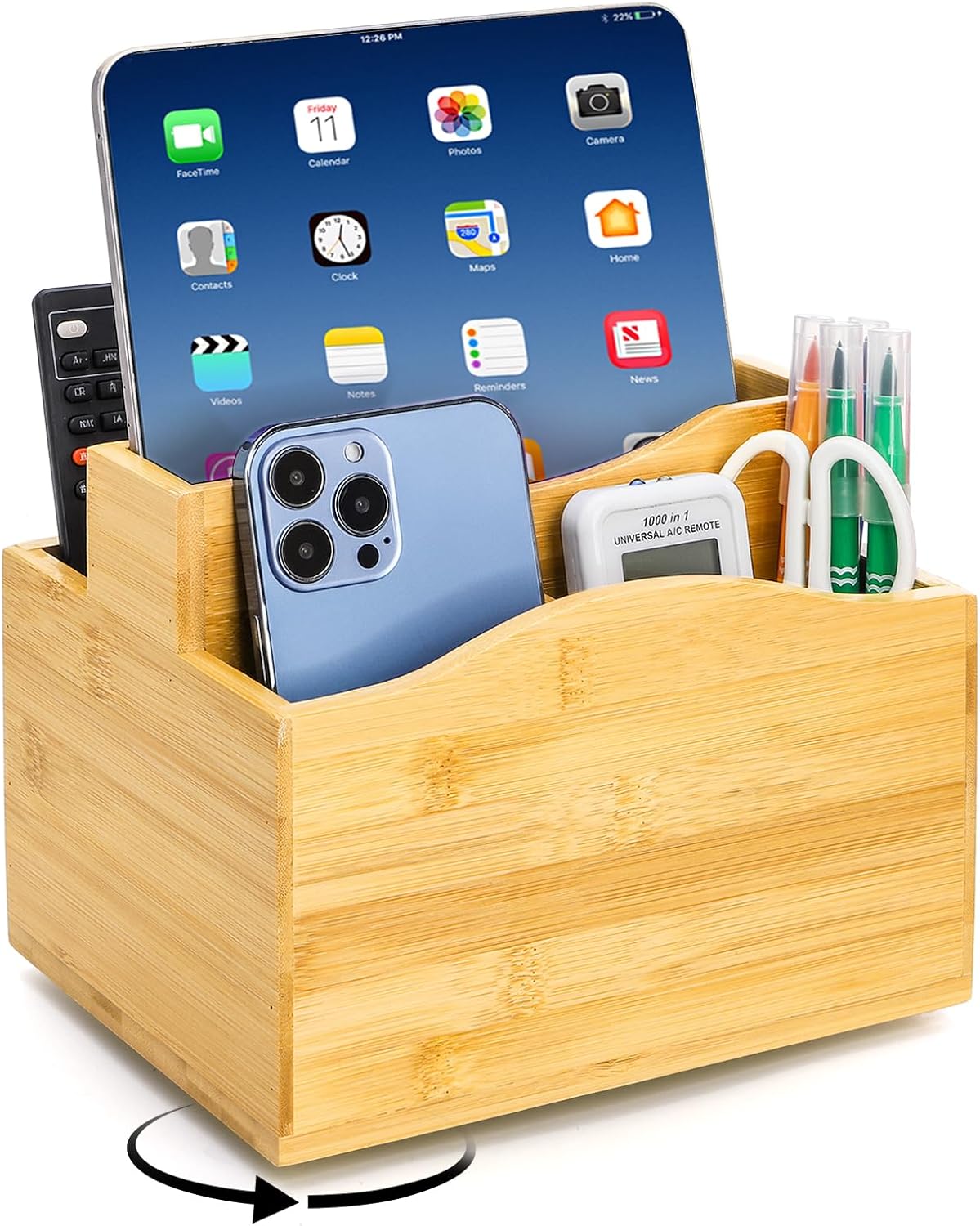 DEAYOU Bamboo Rotating Remote Caddy, 360 Degree Spinning Remote Control Holder, 5 Compartment Revolving Nightstand Bedside Table Organizer for Controller, Pen, Phone, Mail, Calculator, Office