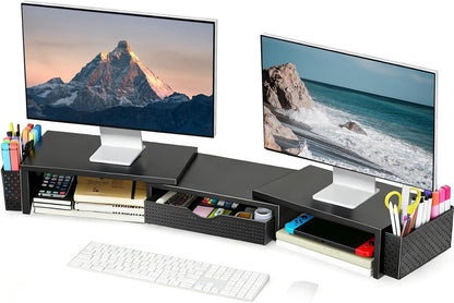 Spacrea Metal Desk Organizers and Accessories, Dual Monitor Stand Riser with Drawer and 2 Pen Holders, Book Racks, Desk Accessories & Workspace Desktop Organizers for Office Supplies (Black)