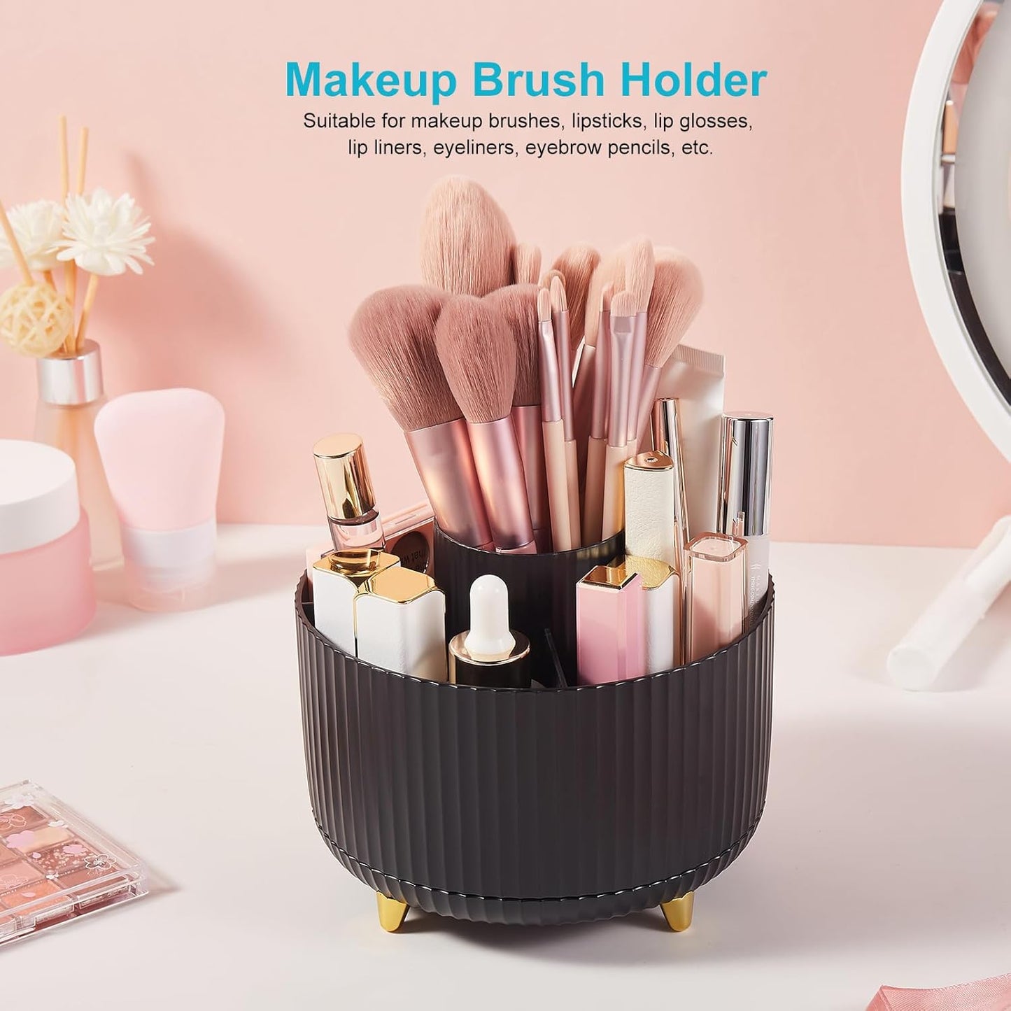 Desk Pencil Pen Holder, 5 Slots 360 Degree Rotating Pencil Pen Organizers for Desk Desktop Storage Stationery Supplies Organizer Cute Pen Cup for Office School Home Art Supply Cream Yellow