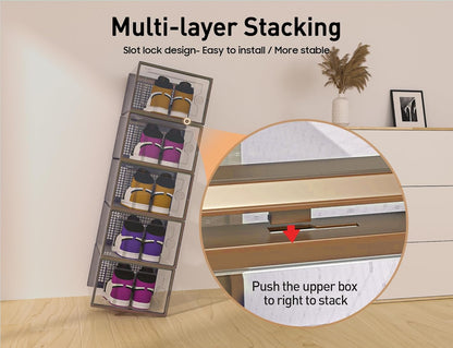 Kuject X-Large Shoe Storage Boxes Organizers Clear Plastic Stackable 12 Pack, Shoe Rack & Holder Substitute, Sneaker Containers, Toy Storage Organizer Bins for Entryway, Closet, Under Bed, Black