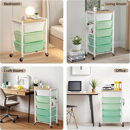 Rolling Cart with 3 Drawers, Plastic Drawer Storage Carts with Lockable Wheels & Wooden Tabletop, Metal Utility Cart Organizer, Office Bedroom Classroom Craft Organization and Storage, Bright White