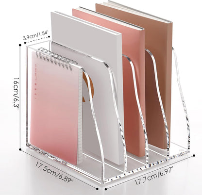 SANRUI Acrylic File Organizer, Clear Magazine File Holder Desk Organizer for Office Organization and Storage with 5 Vertical Compartments, Desktop Bookshelf for Home Office Organization
