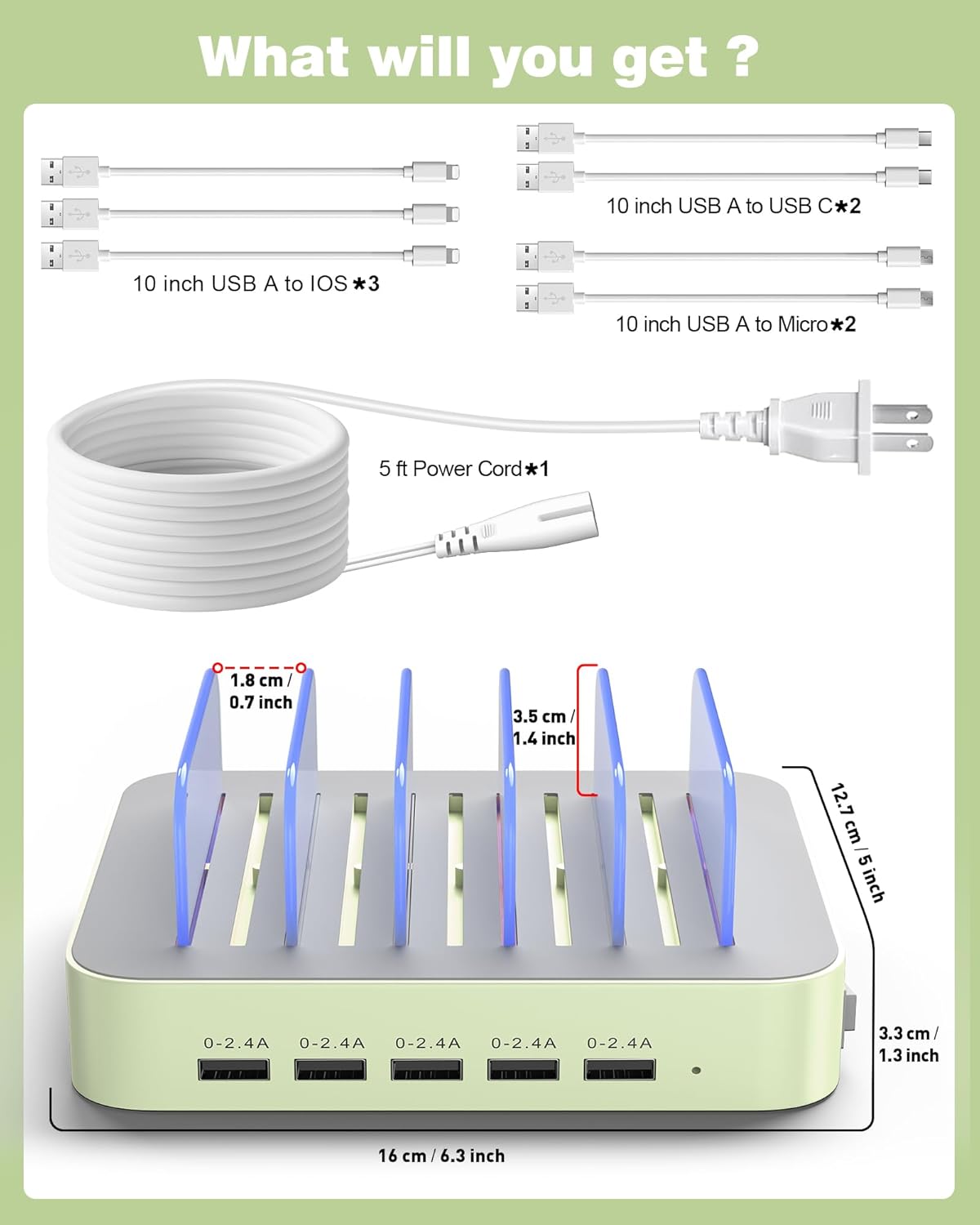 MSTJRY Charging Station for Multiple Devices : 5 Port Multi USB-A Charger Stations Multi-Device Organizer Charging Dock Designed for iPhone iPad Cell Phone Tablets (7 Short Cables Included)