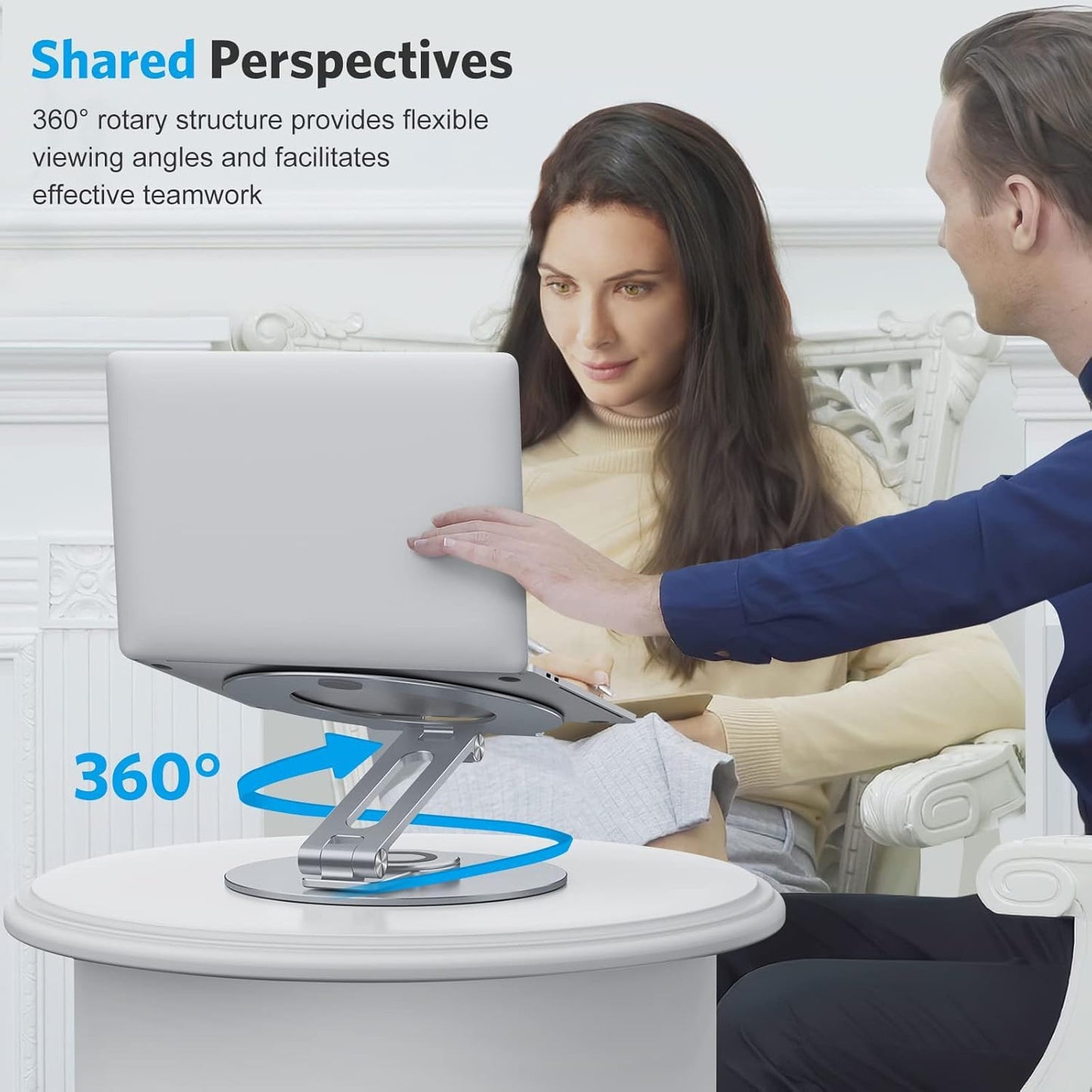 OMOTON Adjustable Laptop Stand with 360 Rotating Base, Ergonomic Laptop Riser for Collaborative Work, Dual Rotary Shaft Fully Foldable for Easy Storage, Fits All Laptops up to 16 inches, Silver