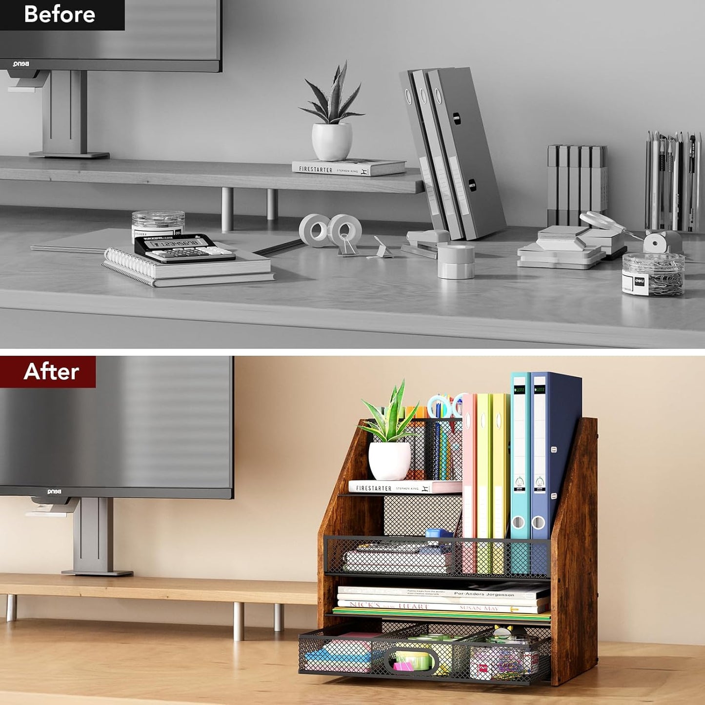 Homsorout Wooden Desk Organizer - Mesh File Organizer with Drawers and Pen Holder - 4-Tier Vertical Paper Letter Storage Tray, Desktop Organizers and Accessories for Home Office