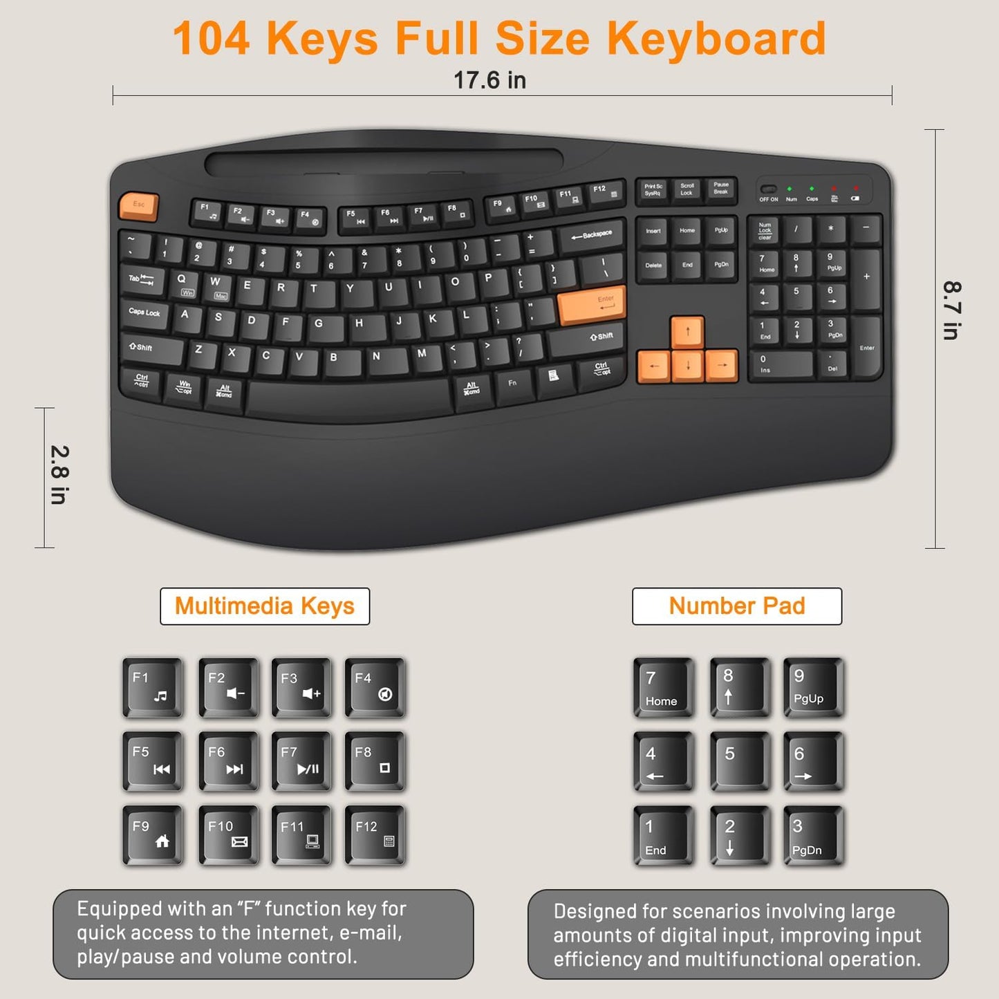 Wireless Keyboard and Mouse Combo, 2.4G Full Size Wave Keys Ergonomic Keyboard with Wrist Rest, Phone Holder, 3-Level DPI Wireless Silent Mouse with 6-Buttons, for Windows, Mac OS, Laptop, PC (Black)