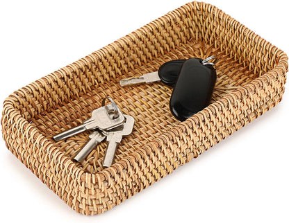 Hipiwe Key Basket Tray for Entryway Table Rattan Serving Tray Handwoven Wicker Baskets Vanity Trays Square Decorative Fruit Trays for Kitchen Counter Bedside Living Room Bathroom, 8.1"