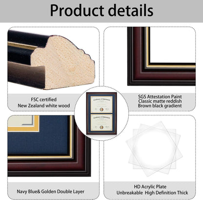 ELSKER&HOME Diploma Frame - Wide Solid Wood Frame - Black Velvet Golden Rim Mat - Semi-Tempered Glass - Includes Hanging Hardware and Desktop Easel(ONLY Display 11×14 Document/Certificate)