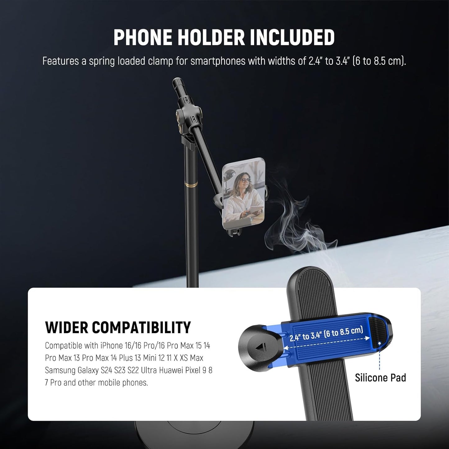 NEEWER Basics Cell Phone Stand for Desk, Adjustable Phone Holder Clamp with Weighted Metal Base, Office Table Phone Mount Compatible with iPhone 16 15 Pro Max Plus Samsung for Video Recording, ST006
