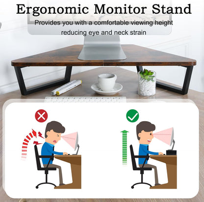 TEAMIX 26 inch Triangle Monitor Stand Riser, Desktop Corner Shelf with Metal Leg Wood Computer Stand with Storage Laptop Riser Office Organization