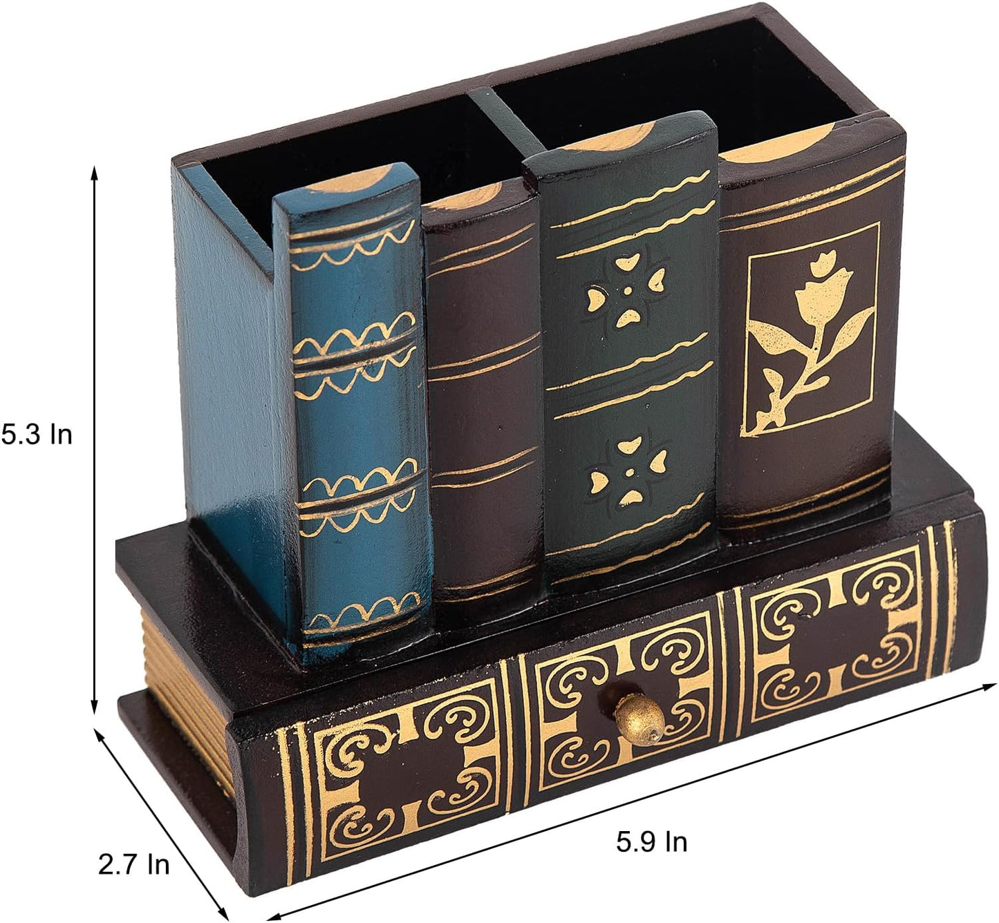 VERGOODR Decorative Pencil and Pen Holder with Storage Drawer, Wooden Desk Organizer Caddy, Antique Library Books Design Pen Cup for Office Supplies, Countertop, Desk,Table (Reddish brown)