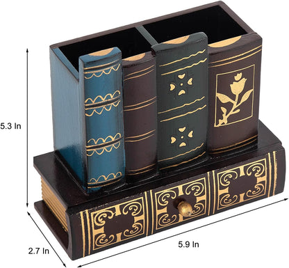 VERGOODR Decorative Pencil and Pen Holder with Storage Drawer, Wooden Desk Organizer Caddy, Antique Library Books Design Pen Cup for Office Supplies, Countertop, Desk,Table (Reddish brown)