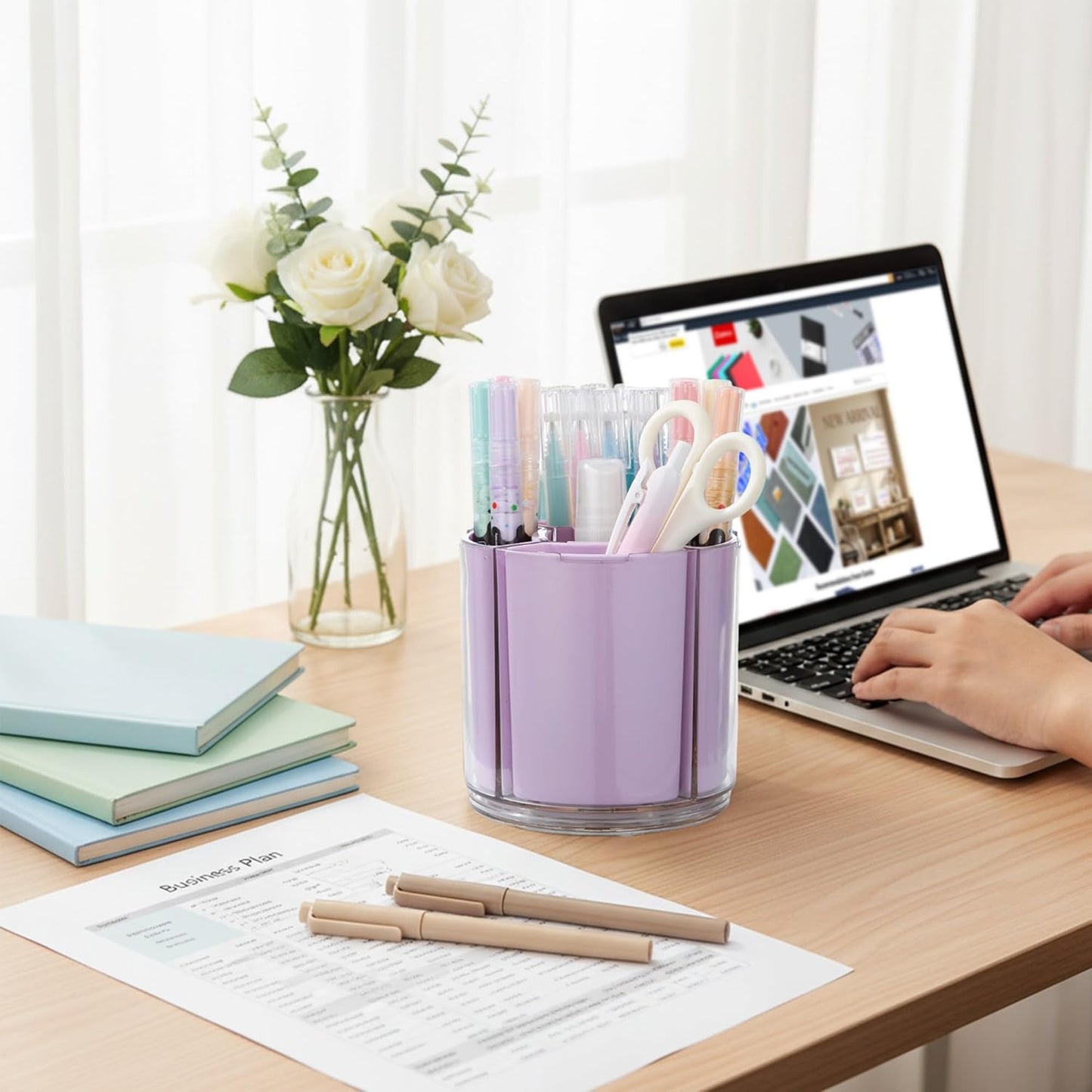 Comix 360° Rotating Pen Holder for Desk, Cute Pencil Holder Pen Organizer, Beige Acrylic Pencil Cup Caddy with 5 Slots for Home School Office Supplies