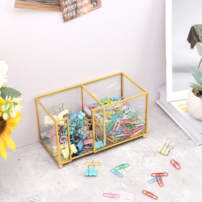 Sticky Note Holder,Glass Post It Note Dispenser with Pen Slot,Gold 3 x 3 Inch Post It Note Holder for Desk,Stylish Sticky Note Dispenser for Home Office Desk