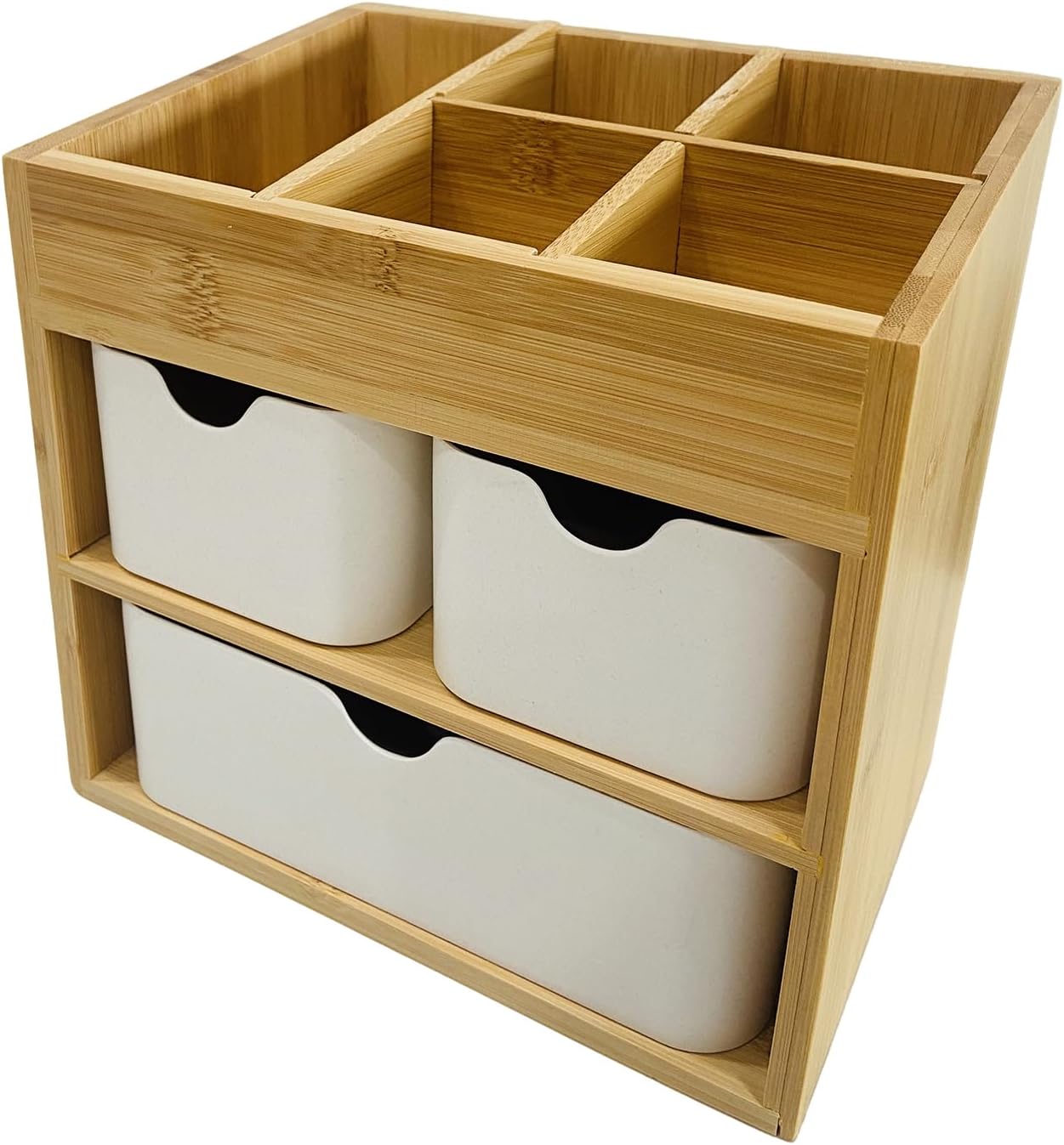 Bamboo Makeup Organizer Jewelry Box, Bamboo Desk organizer with 3 drawers and adjustable dividers, 3 Tier Jewelry Storage Case, Desktop Organization Storage