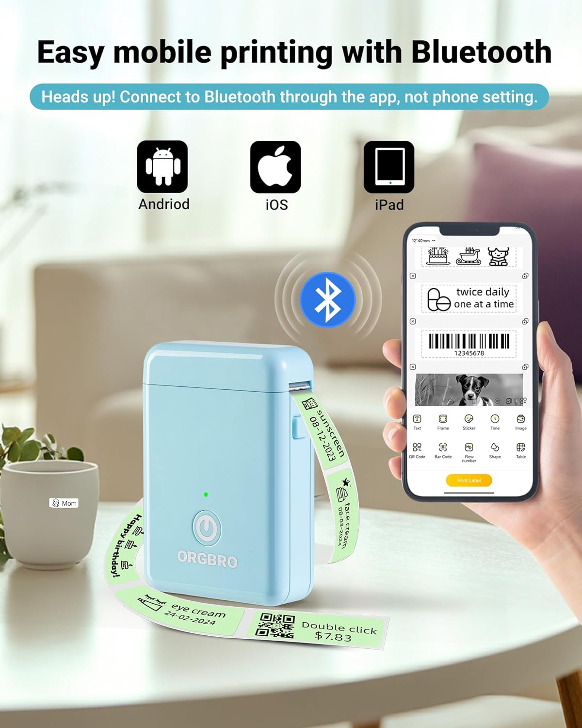 ORGBRO Label Maker Machine with Tape, X1 Portable Bluetooth Mini Label Printer, Support Pre-Cut & Continuous Label, Wireless Small Label Makers with Versatile App for School Home Office Organization