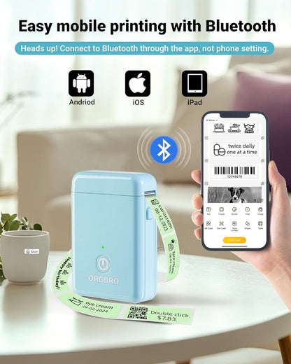 ORGBRO Label Maker Machine with Tape, X1 Portable Bluetooth Mini Label Printer, Support Pre-Cut & Continuous Label, Wireless Small Label Makers with Versatile App for School Home Office Organization