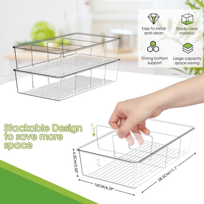 ZIZOTI Snack Organizer for Pantry Shelf, 6 Pack Clear Plastic Pantry Storage Bins with 3 Dividers for Snacks, Spices, Chips Food Organizer, Stackable Pantry Organizers for Kitchen, Fridge, Cabinet