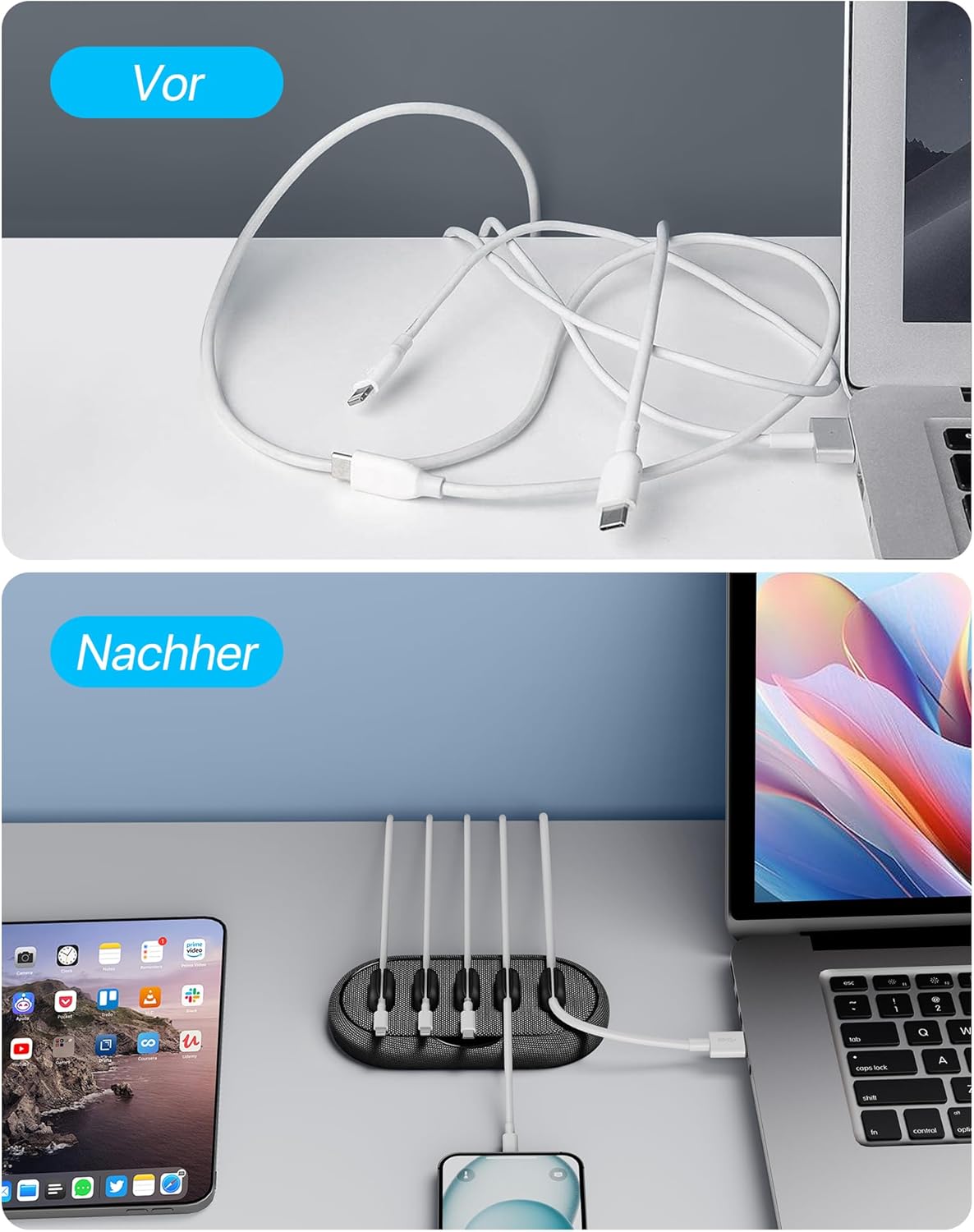 Cable Management, Magnetic Cord Organizer, Desk Cord Holder Wire Keeper with 6 Magnetic Cable Clips, Charger Cord Management for Home Office, Lightning/USB C/Micro Cable, White