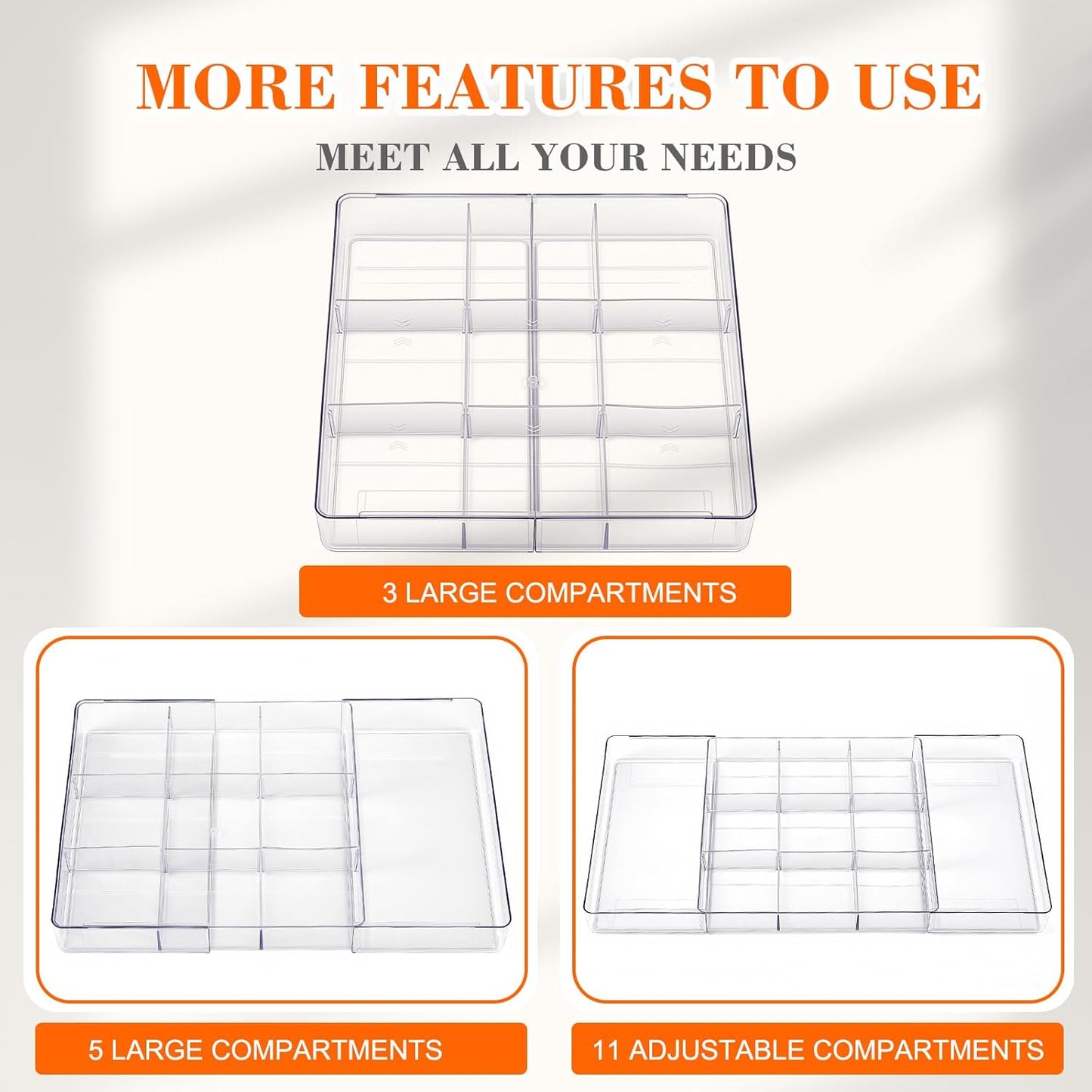 Briwooody 1 Pcs Large Expandable Acrylic Drawer Organizers, Grid Adjustable Drawer, Dividers Organizer for Desk, Makeup, Jewelry, Office, Kitchen Supplies (Clear,5 Compartments)