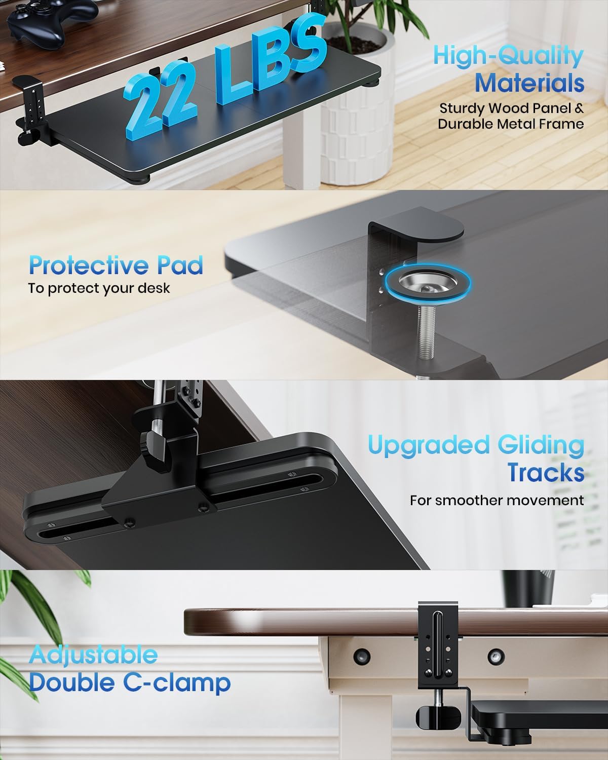 Large Keyboard Tray Under Desk, Pull Out Keyboard & Mouse Tray with Adjustable C-clamp, 25.6(31.5 Including Clamps) x 11.8 Inch Slide Out Computer Keyboard Drawer Mouse Tray for Typing, Brown