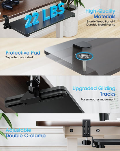 Large Keyboard Tray Under Desk, Pull Out Keyboard & Mouse Tray with Adjustable C-clamp, 25.6(31.5 Including Clamps) x 11.8 Inch Slide Out Computer Keyboard Drawer Mouse Tray for Typing, Brown