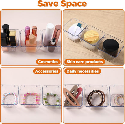24 Pcs Clear Plastic Drawer Organizer Set, 3 x 3 x 2 Inch Stackable Storage Bins Dividers for Makeup, Office, Kitchen, Bathroom Organization