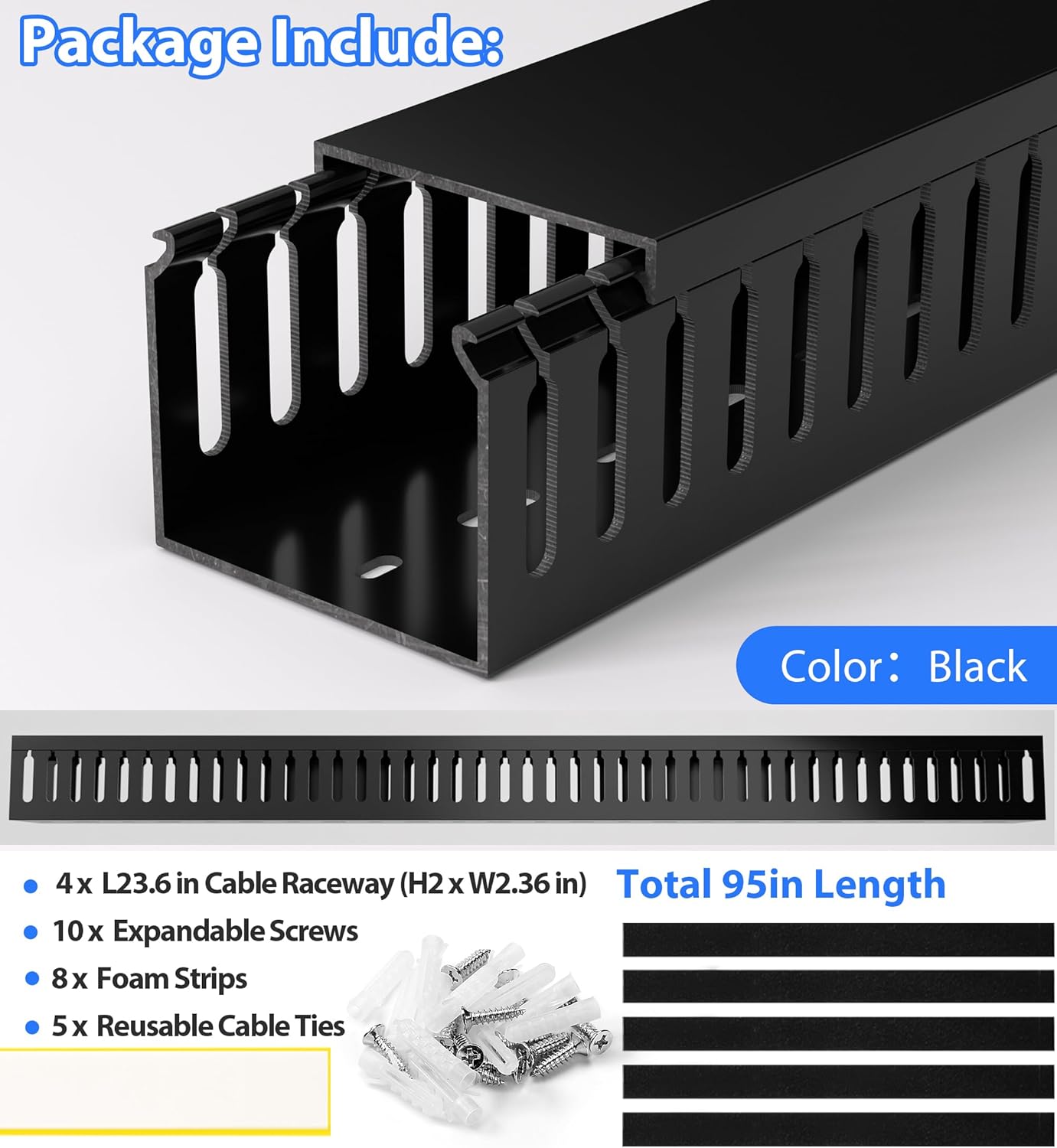 ZhiYo 2 x 2in Professional Server Rack Cable Management Raceway, 99in (6X L16.5in) Cable Raceway Kit, Electrically Safe PVC Open Slot Wire Raceway for Under Desk/Computer/Network Cords, Black