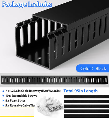 ZhiYo 2 x 2in Professional Server Rack Cable Management Raceway, 99in (6X L16.5in) Cable Raceway Kit, Electrically Safe PVC Open Slot Wire Raceway for Under Desk/Computer/Network Cords, Black