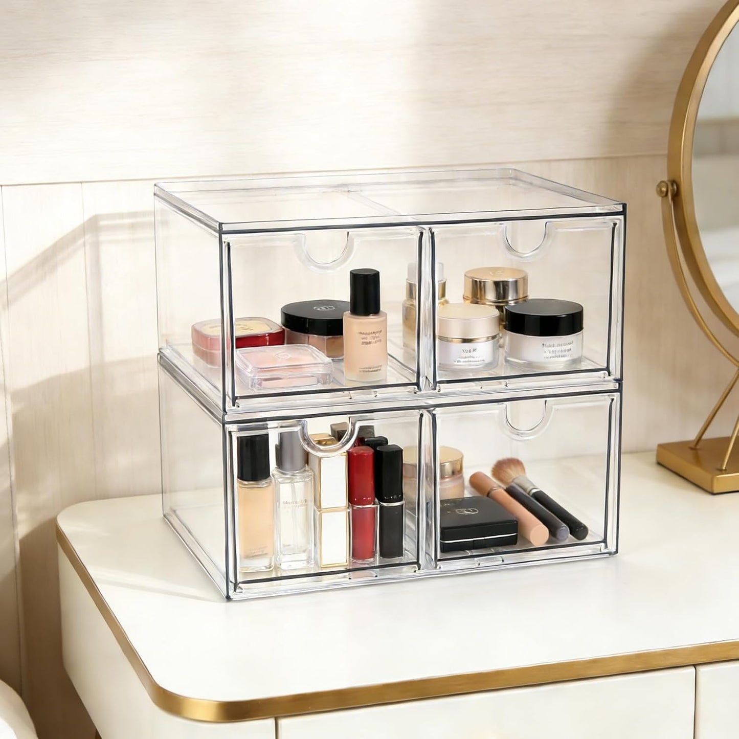 Prsildan Acrylic Makeup Organizer, 2 Pack Stackable Storage Drawers with 6 Drawers for Office Desk Vanity Craft Room Clear Drawer Organizers for Hair Accessories Art Supplies Cosmetics Modular System