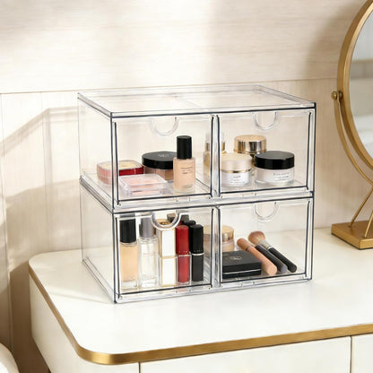 Prsildan Acrylic Makeup Organizer, 2 Pack Stackable Storage Drawers with 6 Drawers for Office Desk Vanity Craft Room Clear Drawer Organizers for Hair Accessories Art Supplies Cosmetics Modular System