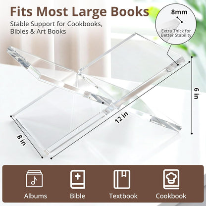 Acrylic Desktop Book Stand, Clear Angled Book Holder Display for Cookbooks, Magazines & Art Books, 12×7×5 in Slim Transparent Reading Stand for Desk & Coffee Table