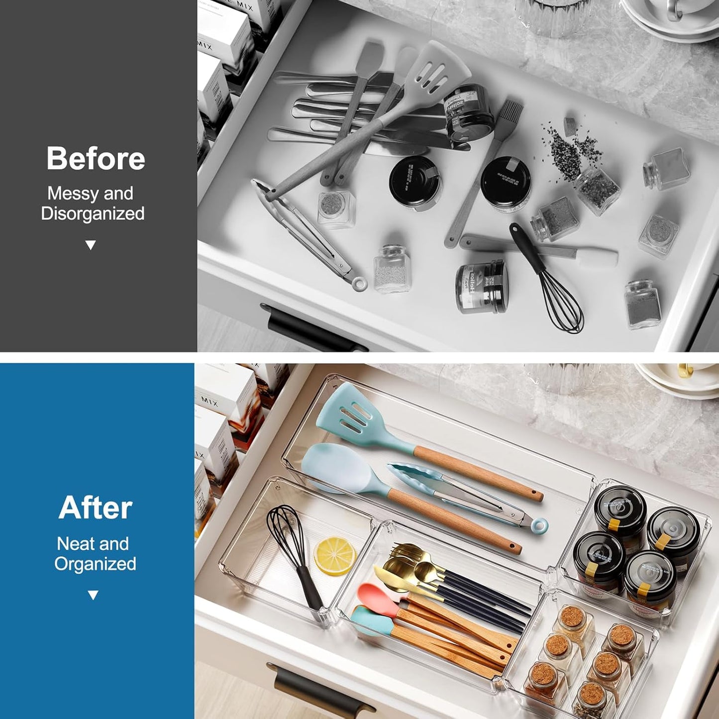 9 PCS Clear Plastic Drawer Organizer Sets, 3 Sizes Vanity Organizer Trays Stackable Storage Bins for Kitchen, Cabinet, Bathroom, Office, Laundry Room Organizing