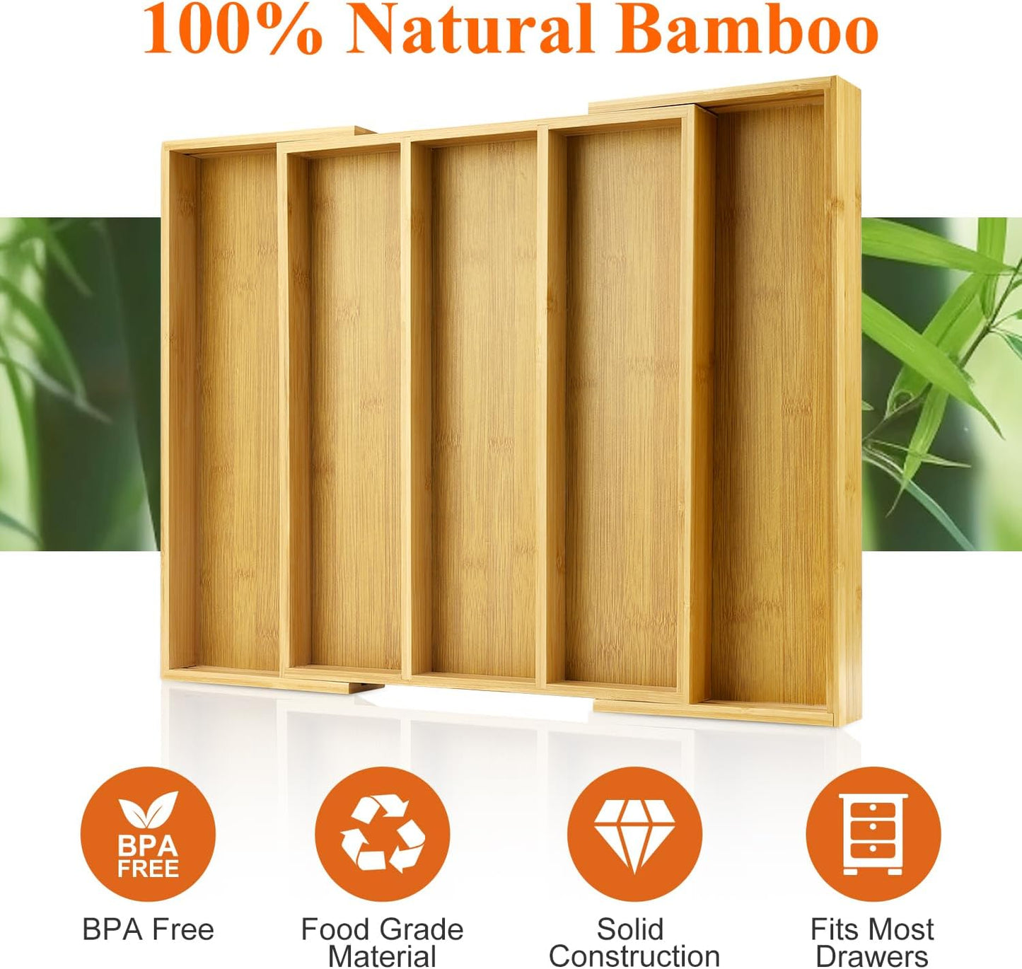 Large Bamboo Silverware Drawer Organizer Tray Kitchen Tool Drawer Divider Organizers Storage Expandable Cooking Utensil Organizer Wooden Cutlery Tray Spoon Flatware Organizers Utensil Holder Drawers