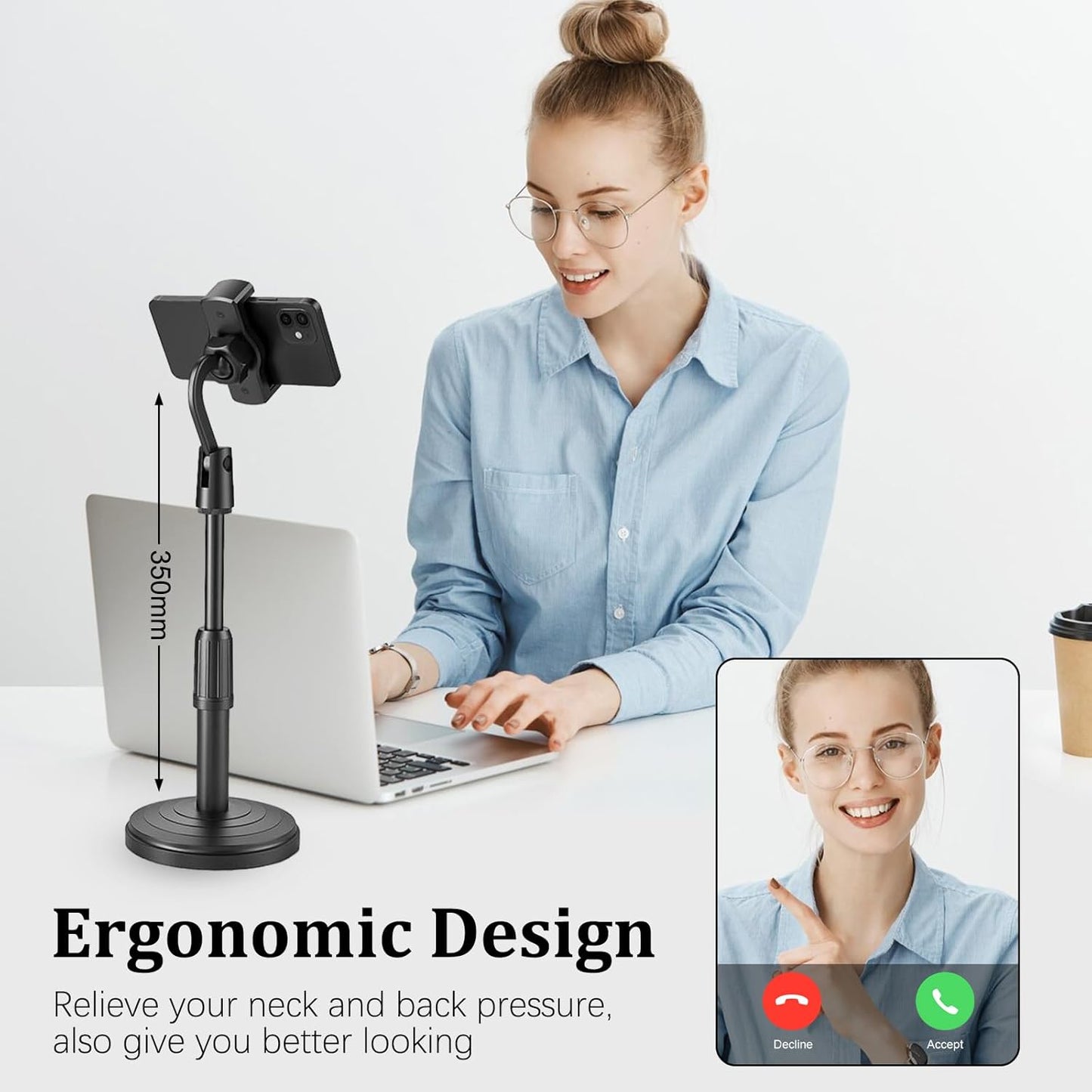 Cell Phone Holder, Height and Angle Adjustable Cell Phone Holder, Universal Holder for Leisure, Business, Office, Home, Compatible with 3.5-6.7 Inch Devices, (Black)