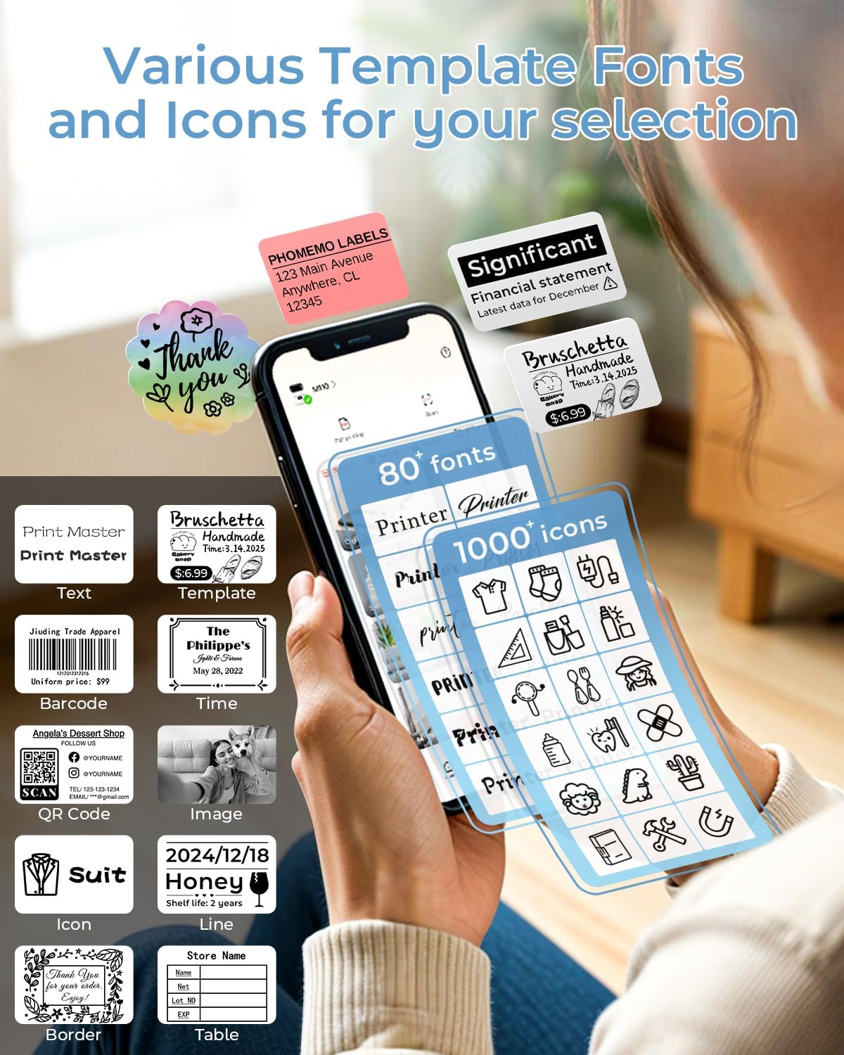 Phomemo M110 Label Makers - Barcode Label Printer Bluetooth Label Maker Portable Thermal Printer for Small Business, Address, Barcode, Logo, Clothing, Mailing, Sticker Printers for Phone & PC, Black
